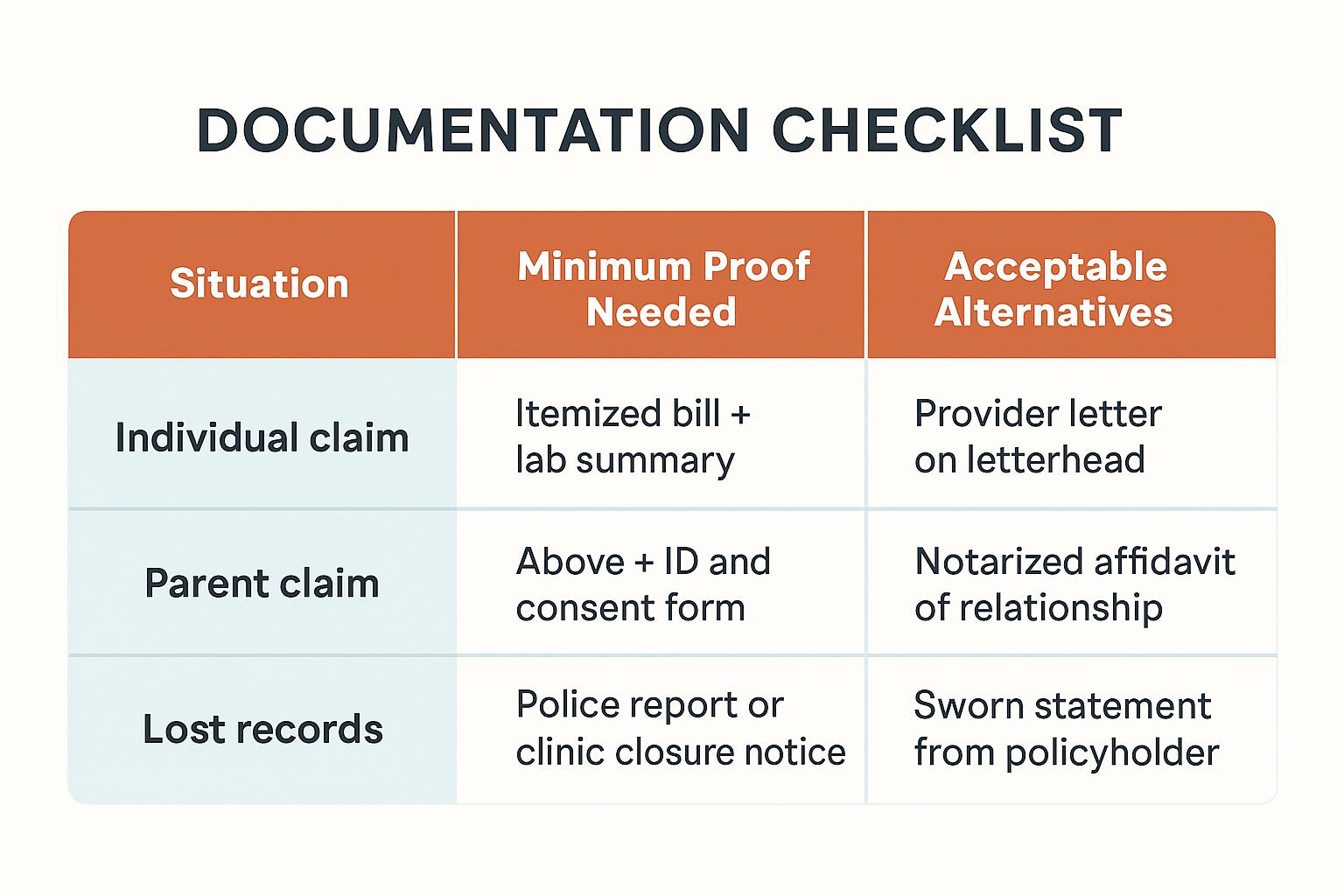 Documentation Checklist for claiming preventive health checkup expenses with necessary proofs and alternatives.