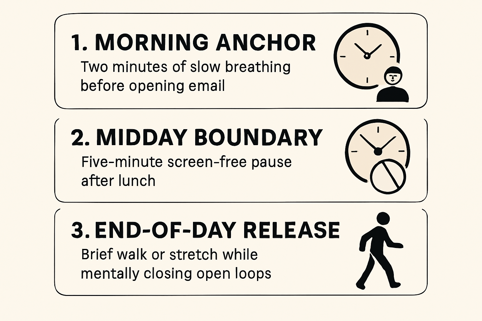 Infographic showing a three-layer daily reset schedule with a two-minute breathing exercise in the morning, a five-minute screen-free break midday, and a brief walk or stretch at the end of the day.