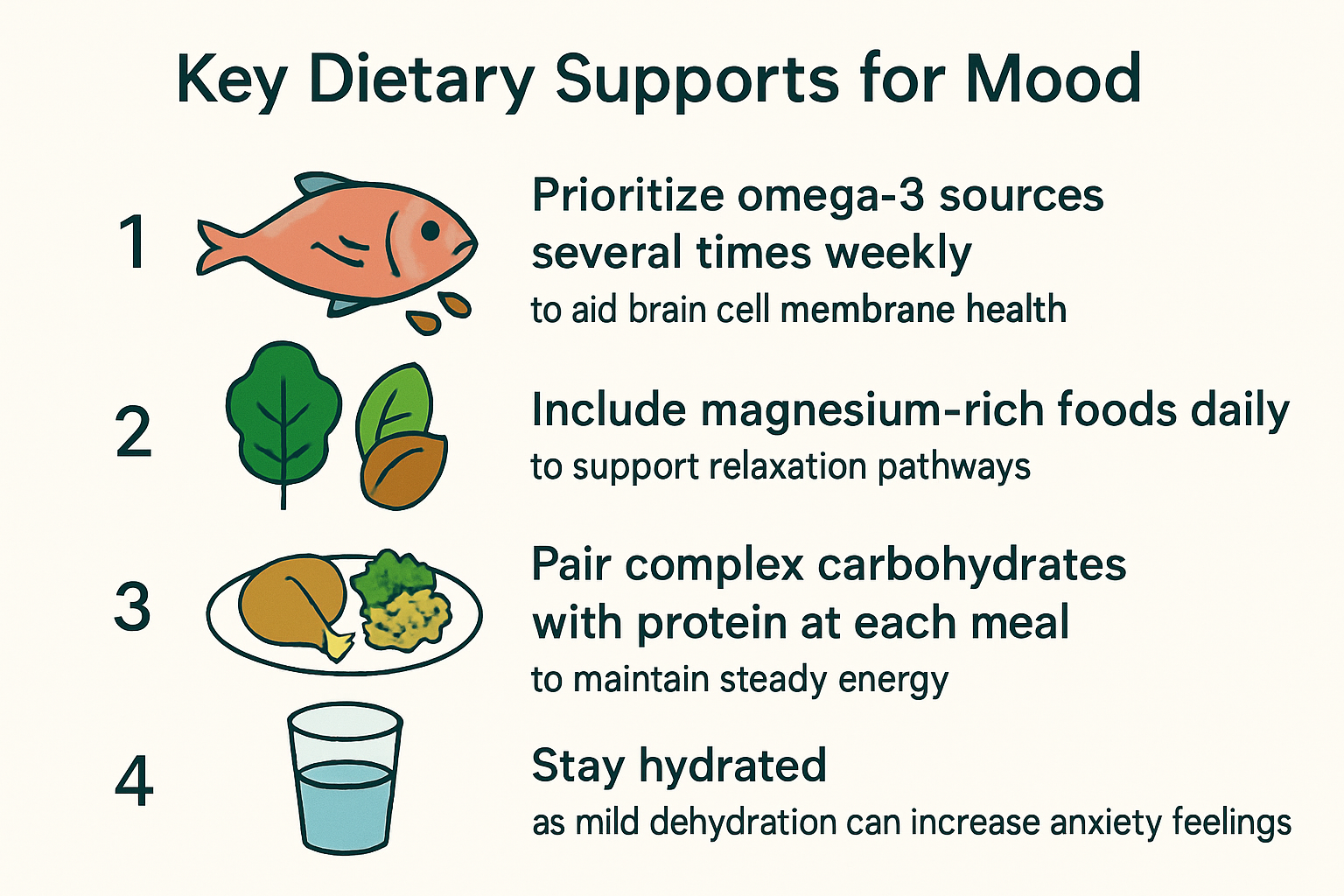 Infographic showing 4 key dietary factors supporting mood: omega-3 intake several times weekly, daily magnesium-rich foods, protein and complex carbs paired each meal, and adequate hydration to help mental health.