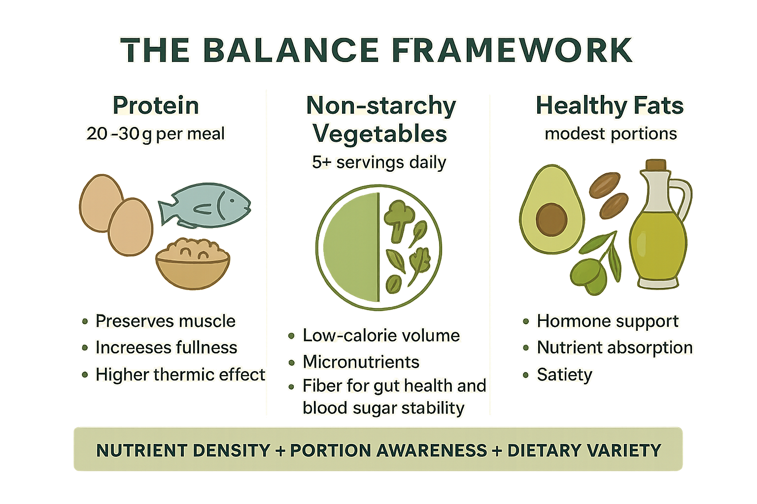 Infographic breaking down the three principles of diet balance for weight loss
