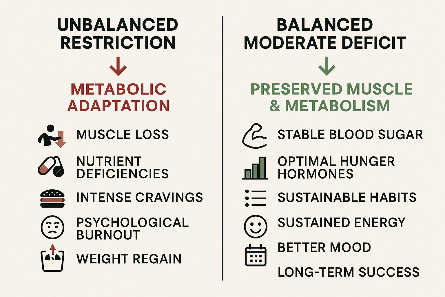 Comparison diagram of unbalanced restriction versus balanced eating outcomes