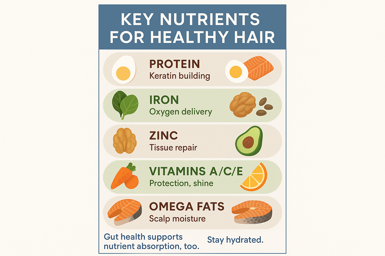Infographic of essential nutrients, their roles in hair health, and dietary sources