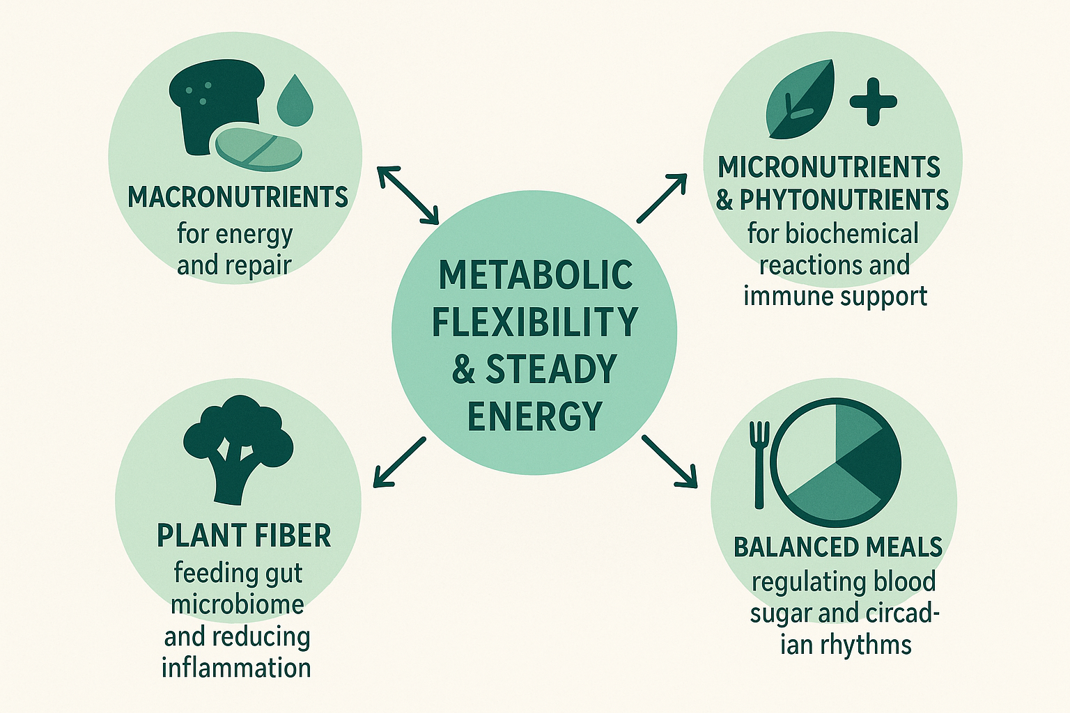 Diagram showing interconnected systems of how a healthy diet functions in the body