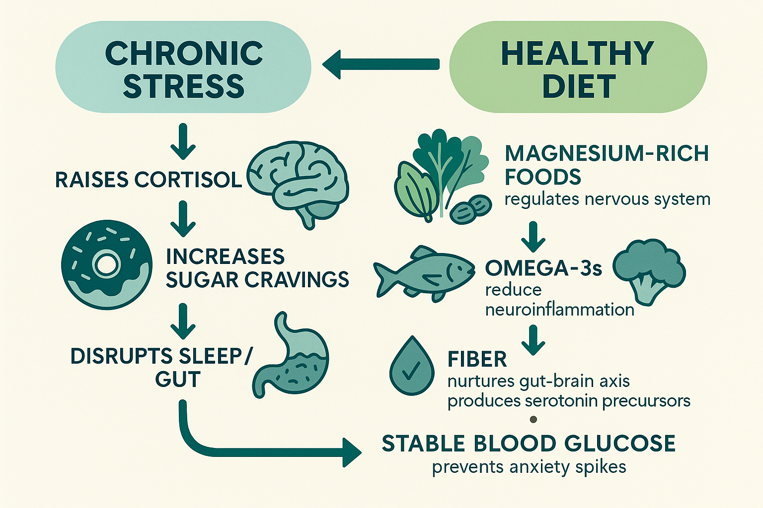 Diagram of how a healthy diet builds stress resilience through biological pathways