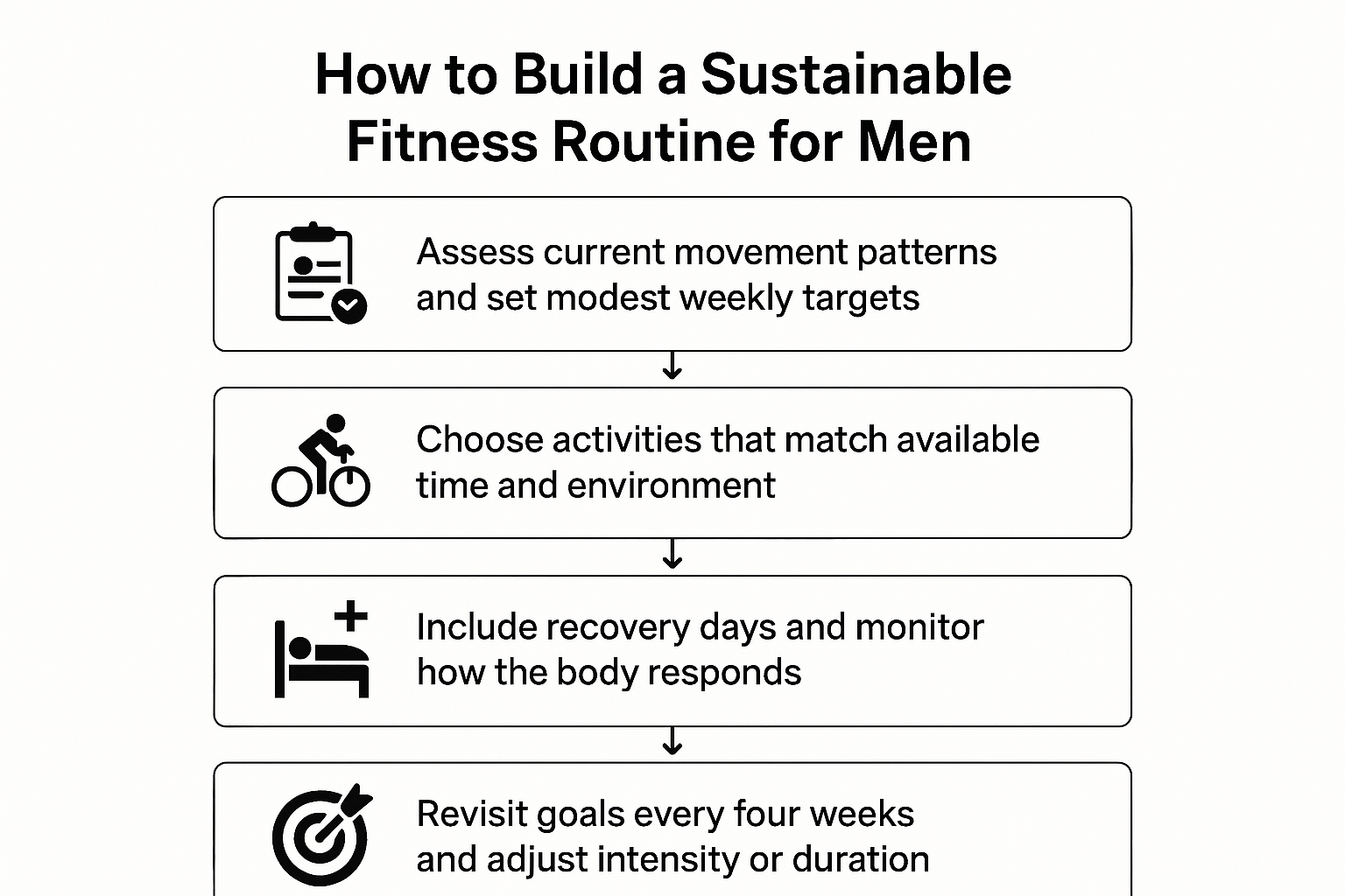 Flowchart showing four steps to build a sustainable fitness routine for men, connected by arrows, with icons representing assessment, activity selection, recovery, and goal setting.