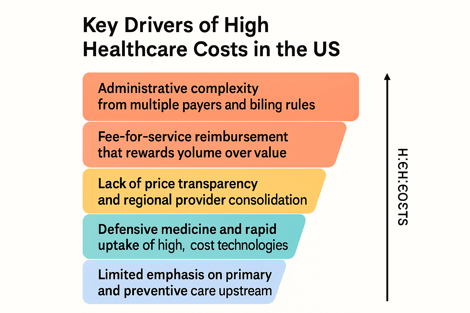 Diagram showing five key drivers of high healthcare costs in the US: administrative complexity, fee-for-service payments, price opacity and consolidation, defensive medicine with technology usage, and low focus on prevention, arranged to reflect their interaction leading to high costs.