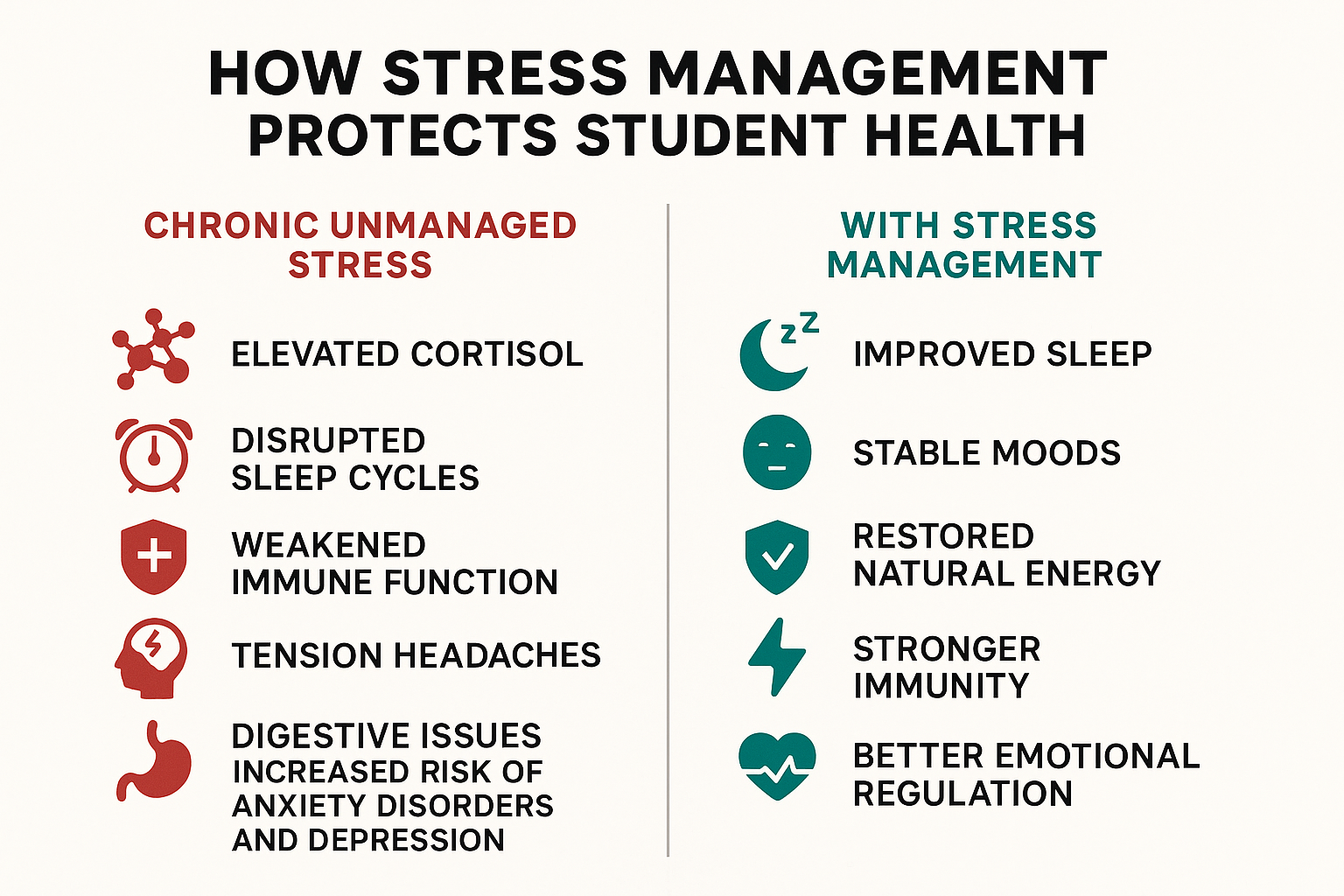 Infographic comparing physical and mental health effects of chronic stress versus stress management